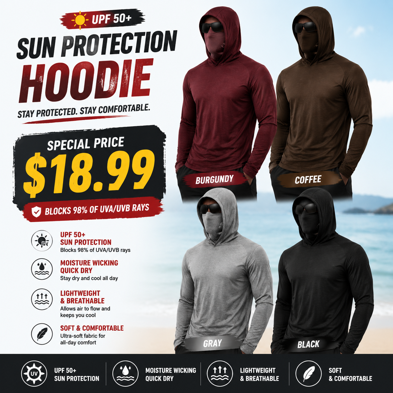 Men's UPF 50+ Long-Sleeve Sun-Protection Hoodie