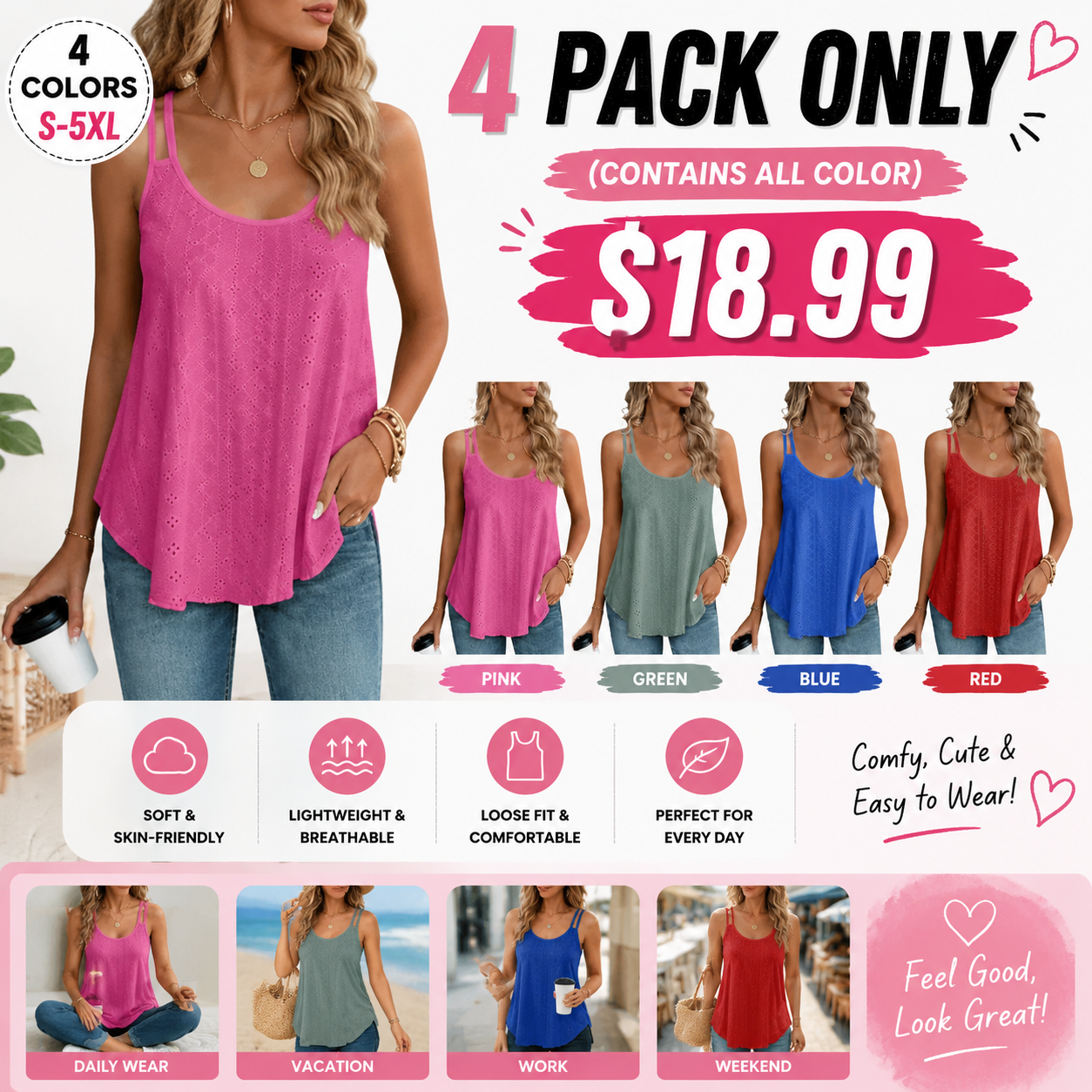 Womens Tank Tops Spaghetti Strap Camisoles Eyelet Embroidery Scoop Neck Tops
