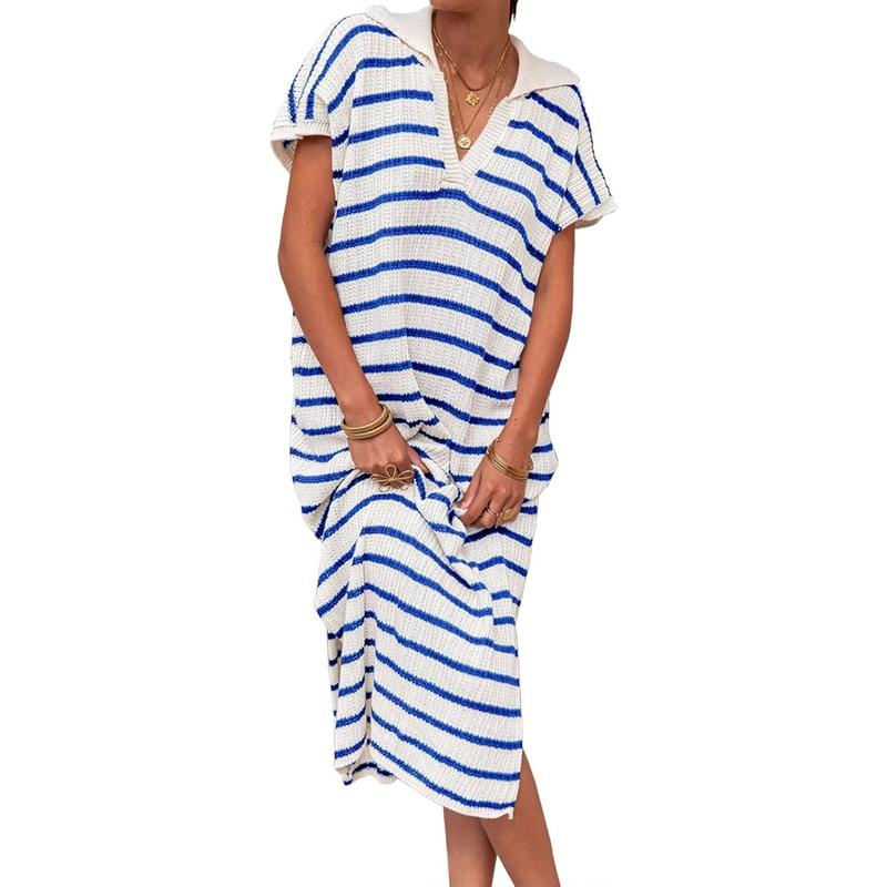 「90%OFF only today」Womens Striped Summer Dresses Short Sleeve V Neck Knit Collared Sexy Slit Loose Maxi Sweater Dress
