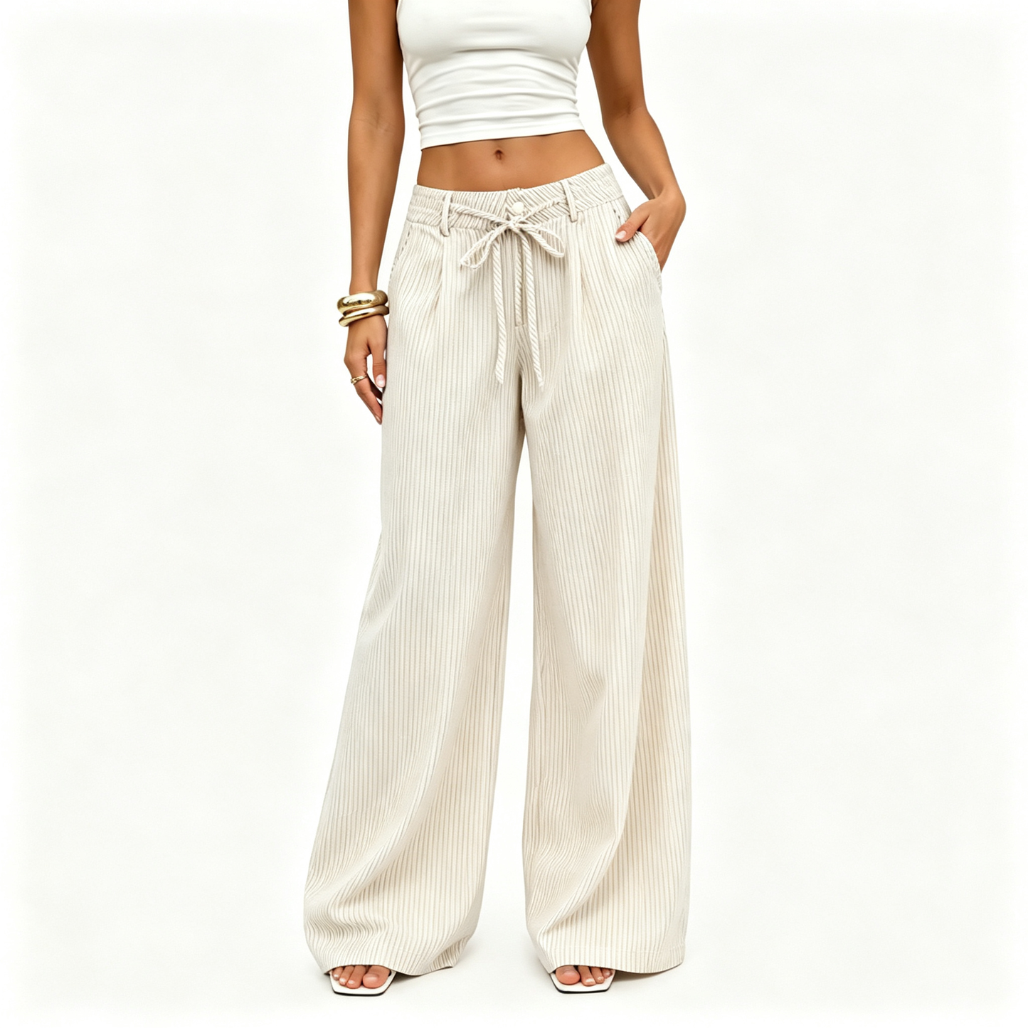 💚 Women's  Striped With Pockets Black Baggy Low Rise Wide Leg Pants