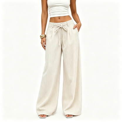 💚 Women's  Striped With Pockets Black Baggy Low Rise Wide Leg Pants