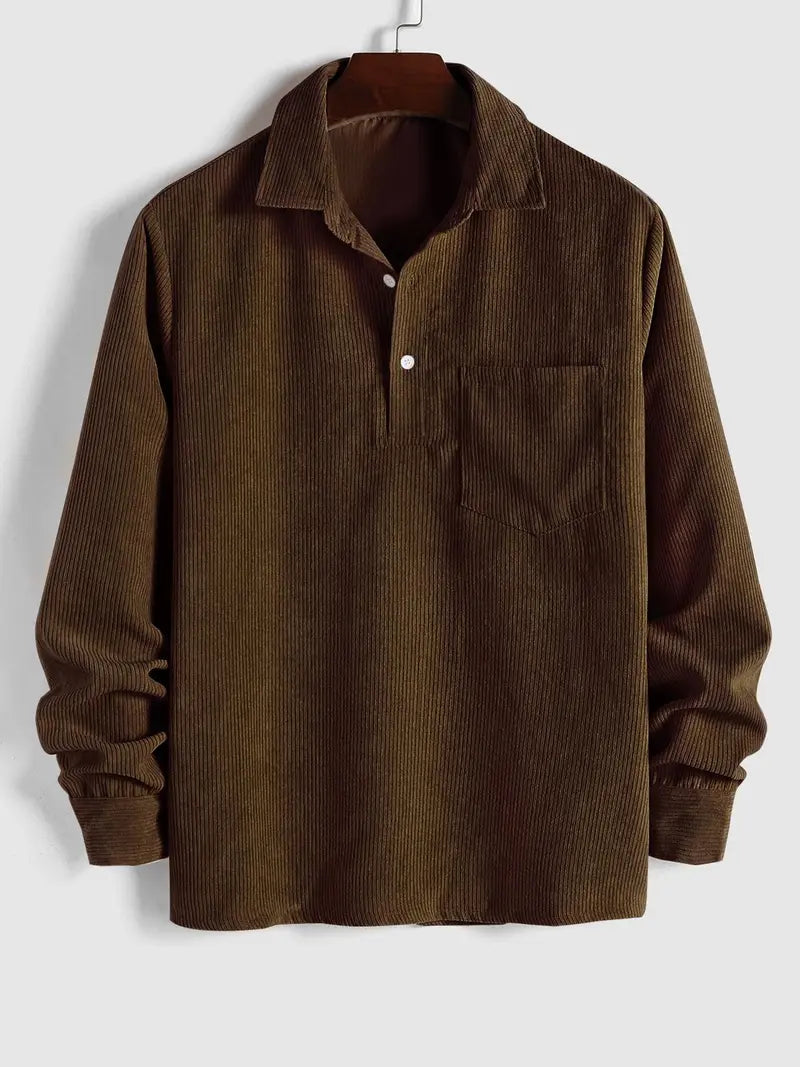 Men's Plain Pocket Half Button Corduroy Shirt