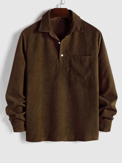 Men's Plain Pocket Half Button Corduroy Shirt