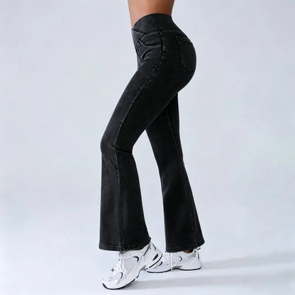 Women's High-Waisted Stretch Jeans with Crossover Design — Slim-Fit Flared Denim Leggings