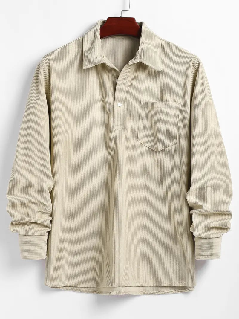 Men's Plain Pocket Half Button Corduroy Shirt