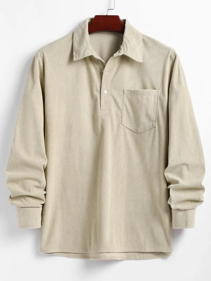 Men's Plain Pocket Half Button Corduroy Shirt