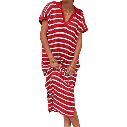 「90%OFF only today」Womens Striped Summer Dresses Short Sleeve V Neck Knit Collared Sexy Slit Loose Maxi Sweater Dress