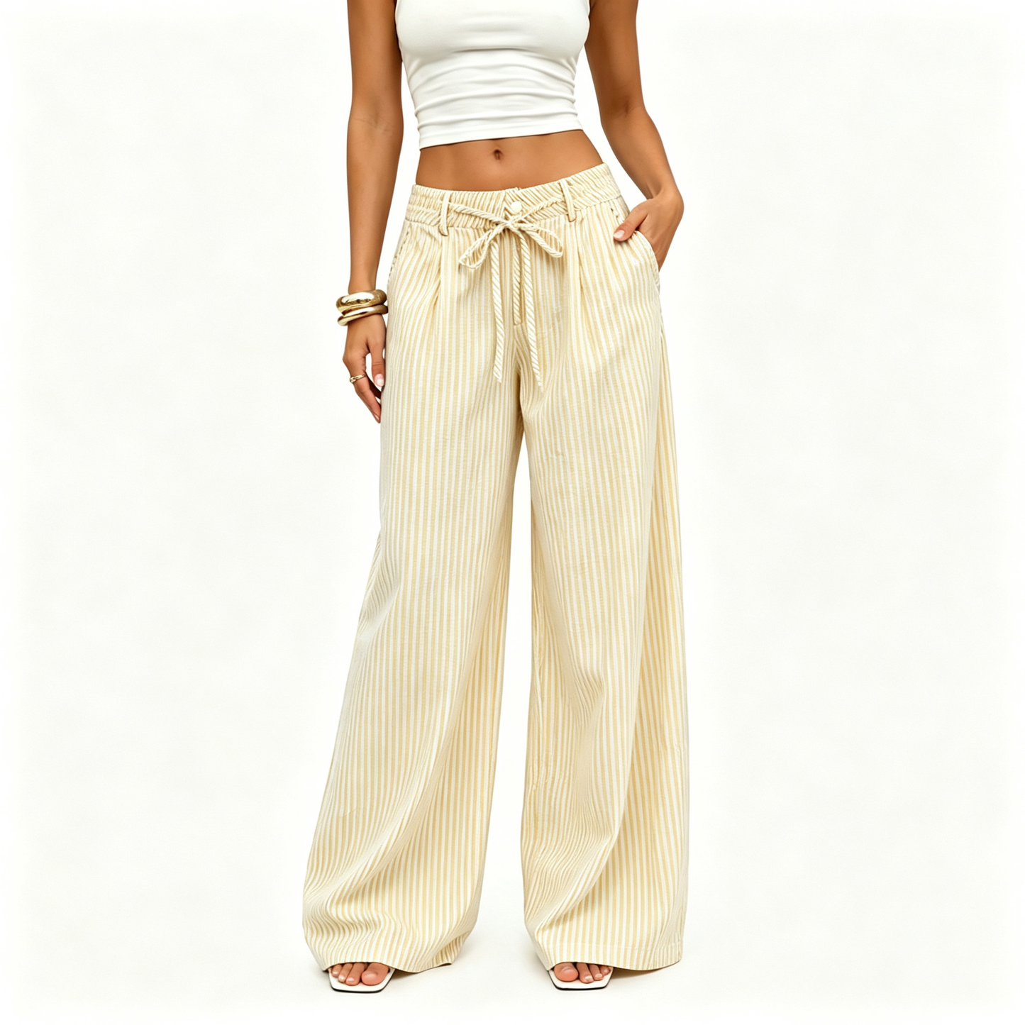 💚 Women's  Striped With Pockets Black Baggy Low Rise Wide Leg Pants