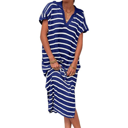「90%OFF only today」Womens Striped Summer Dresses Short Sleeve V Neck Knit Collared Sexy Slit Loose Maxi Sweater Dress