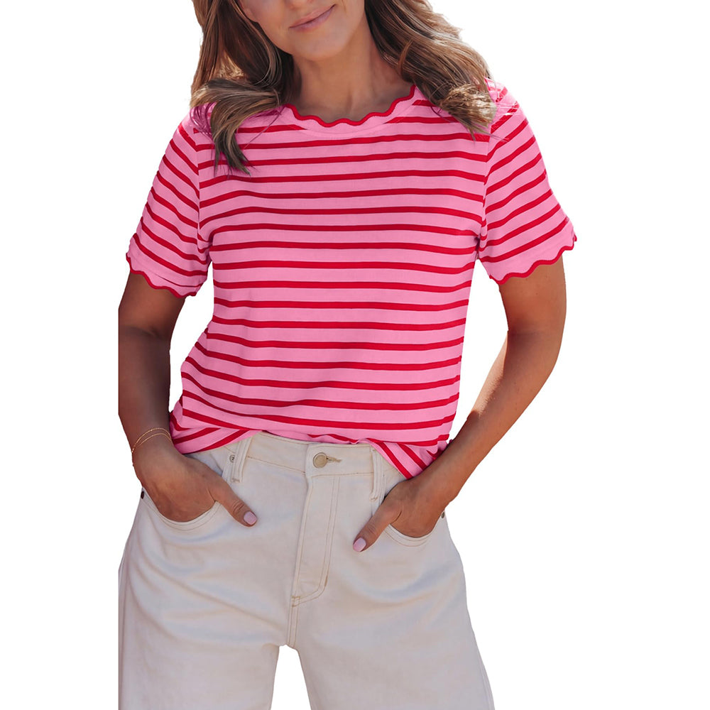 Women's Top Stripe Scalloped Trim Round Neck T Shirt