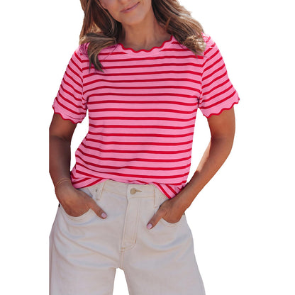 Women's Top Stripe Scalloped Trim Round Neck T Shirt
