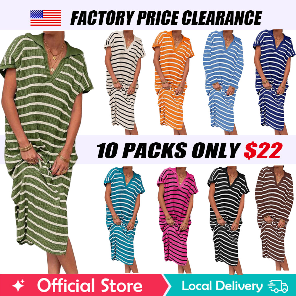 「90%OFF only today」Womens Striped Summer Dresses Short Sleeve V Neck Knit Collared Sexy Slit Loose Maxi Sweater Dress
