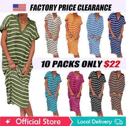 「90%OFF only today」Womens Striped Summer Dresses Short Sleeve V Neck Knit Collared Sexy Slit Loose Maxi Sweater Dress