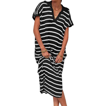 「90%OFF only today」Womens Striped Summer Dresses Short Sleeve V Neck Knit Collared Sexy Slit Loose Maxi Sweater Dress