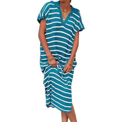 「90%OFF only today」Womens Striped Summer Dresses Short Sleeve V Neck Knit Collared Sexy Slit Loose Maxi Sweater Dress