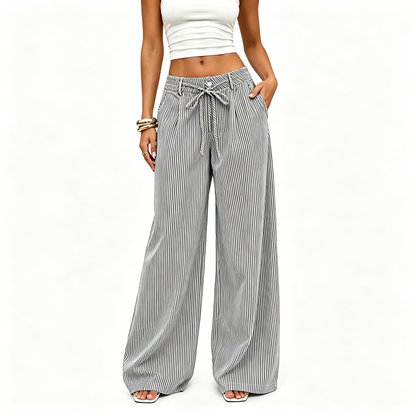 💚 Women's  Striped With Pockets Black Baggy Low Rise Wide Leg Pants