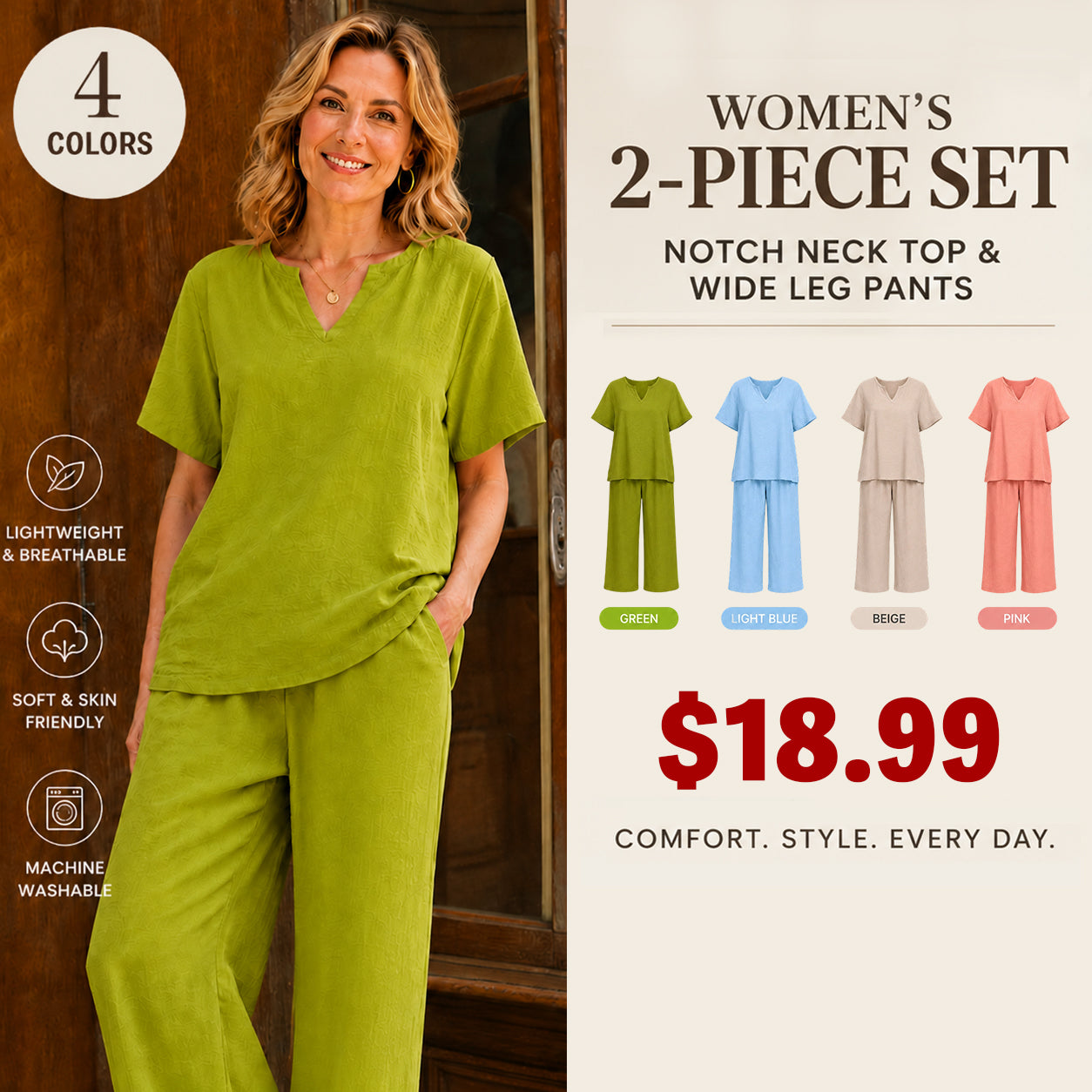 ❤️Women's Solid Short Sleeve Top & Loose Wide Leg Pants 2-Piece Set