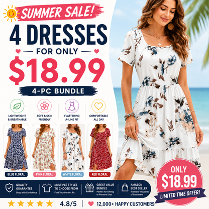 Women Square Neck Ditsy Floral Dress, Ruffle Empire Waist A-Line Sundress With Pockets