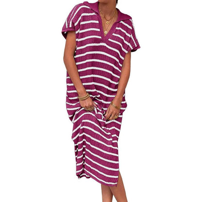 「90%OFF only today」Womens Striped Summer Dresses Short Sleeve V Neck Knit Collared Sexy Slit Loose Maxi Sweater Dress