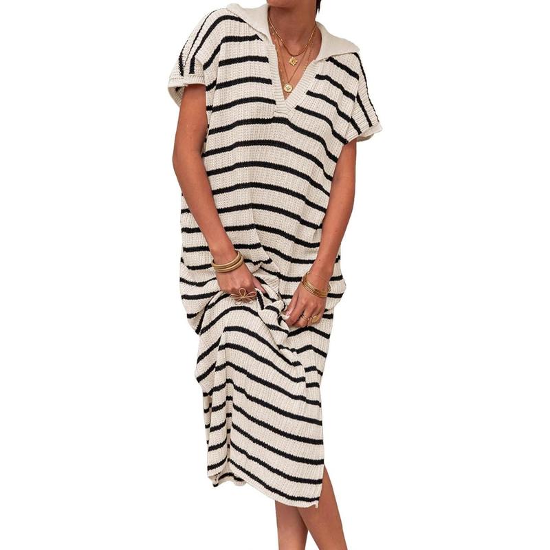 「90%OFF only today」Womens Striped Summer Dresses Short Sleeve V Neck Knit Collared Sexy Slit Loose Maxi Sweater Dress