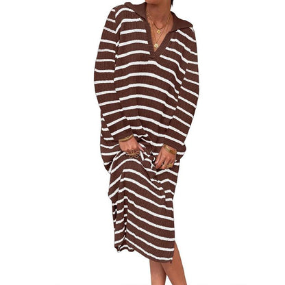 「90%OFF only today」Womens Striped Summer Dresses Short Sleeve V Neck Knit Collared Sexy Slit Loose Maxi Sweater Dress