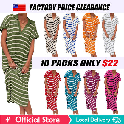 「90%OFF only today」Womens Striped Summer Dresses Short Sleeve V Neck Knit Collared Sexy Slit Loose Maxi Sweater Dress