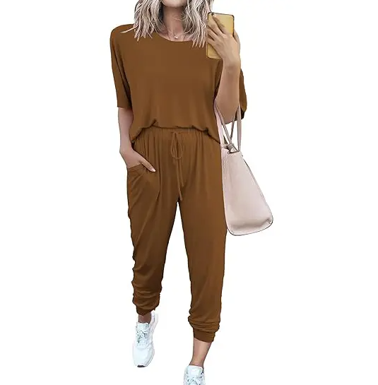 Women's 2-Piece Set Summer Outfits XS-5XL Crew Neck Short Sleeve Tracksuit Jogger Set With Drawstring and Pockets Comfy Lounge Wear