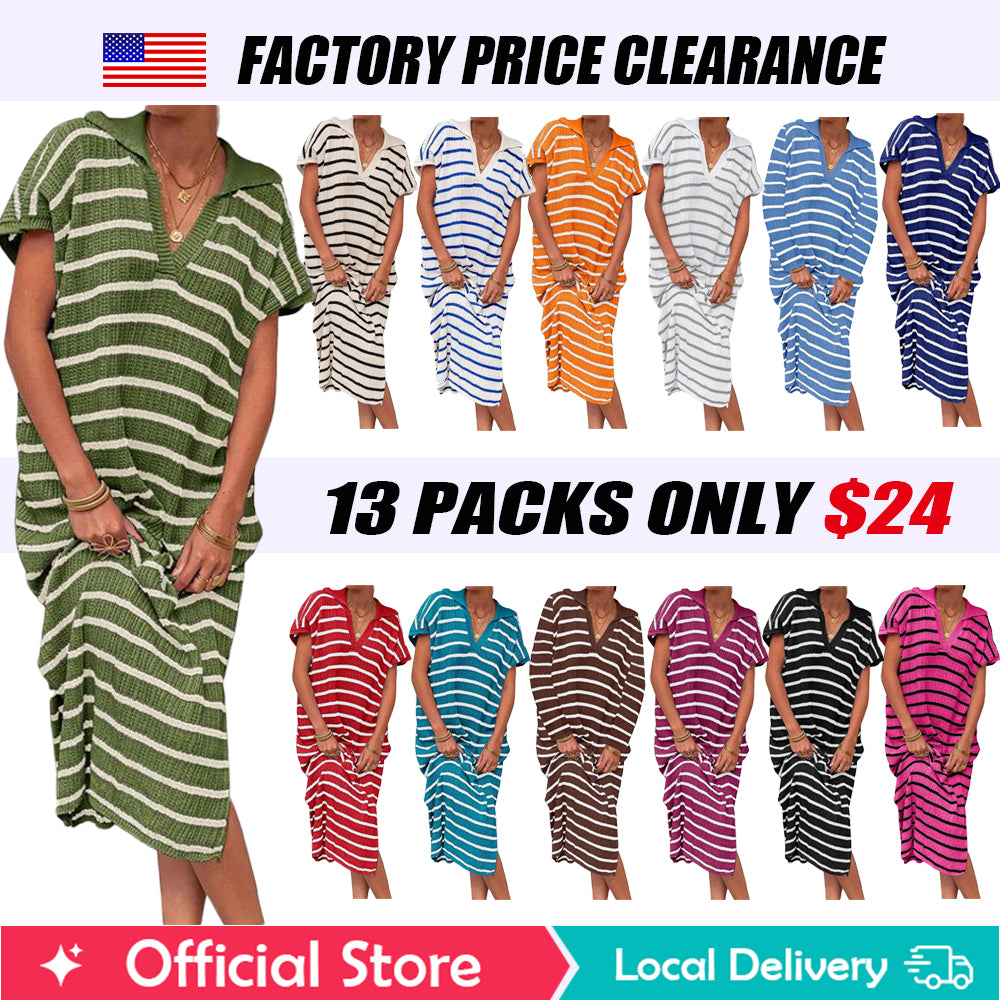 「90%OFF only today」Womens Striped Summer Dresses Short Sleeve V Neck Knit Collared Sexy Slit Loose Maxi Sweater Dress