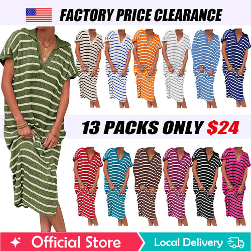「90%OFF only today」Womens Striped Summer Dresses Short Sleeve V Neck Knit Collared Sexy Slit Loose Maxi Sweater Dress