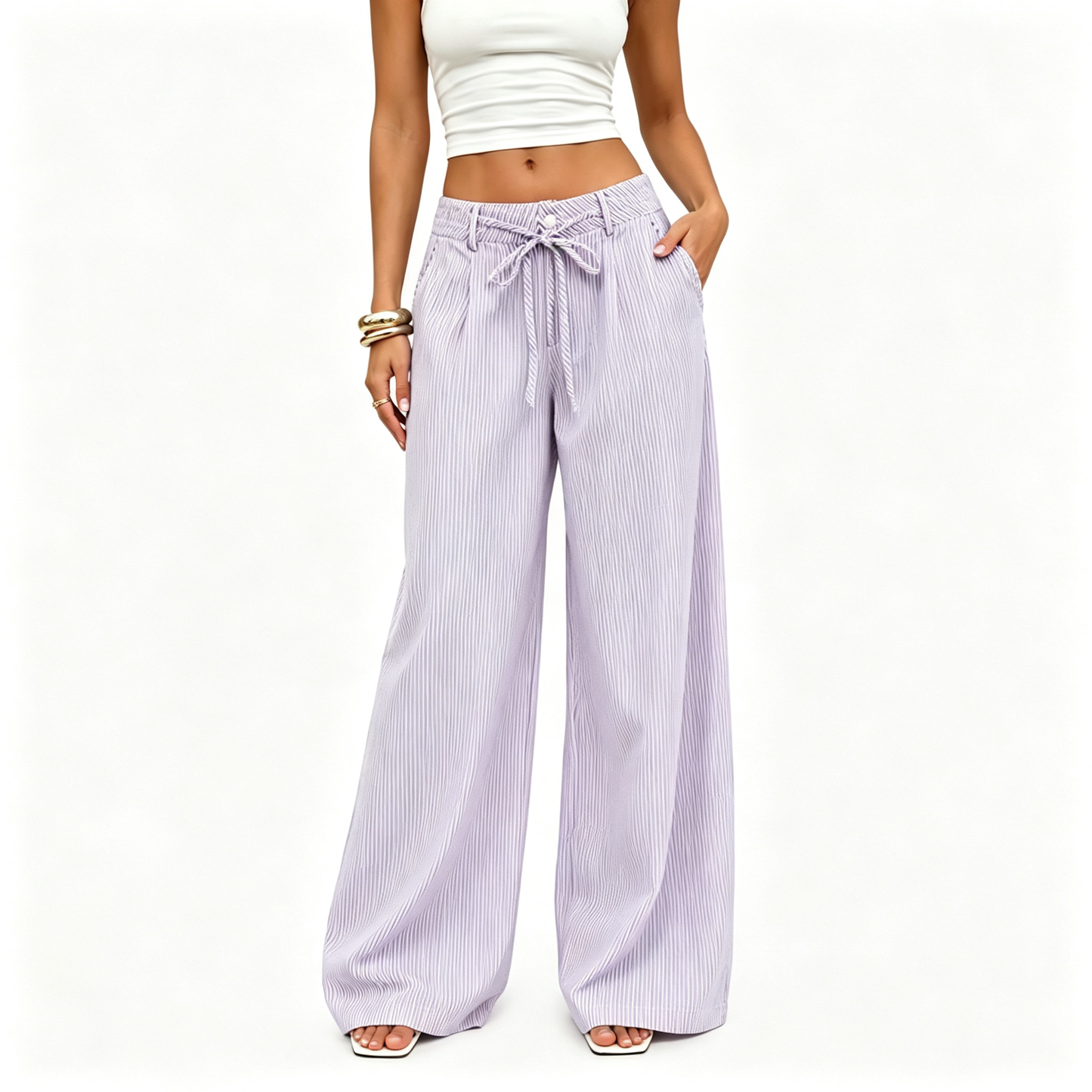 💚 Women's  Striped With Pockets Black Baggy Low Rise Wide Leg Pants