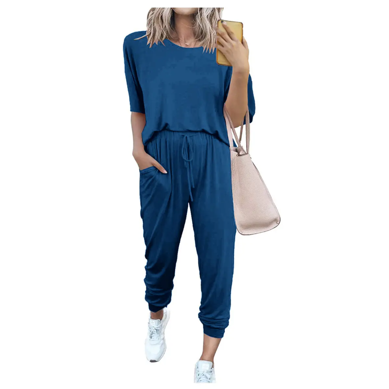 Women's 2-Piece Set Summer Outfits XS-5XL Crew Neck Short Sleeve Tracksuit Jogger Set With Drawstring and Pockets Comfy Lounge Wear