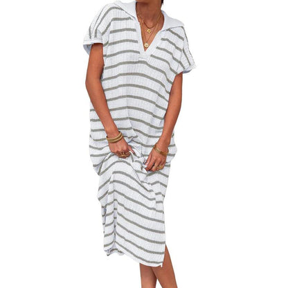 「90%OFF only today」Womens Striped Summer Dresses Short Sleeve V Neck Knit Collared Sexy Slit Loose Maxi Sweater Dress
