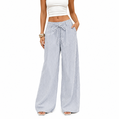 💚 Women's  Striped With Pockets Black Baggy Low Rise Wide Leg Pants