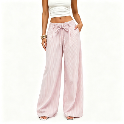 💚 Women's  Striped With Pockets Black Baggy Low Rise Wide Leg Pants