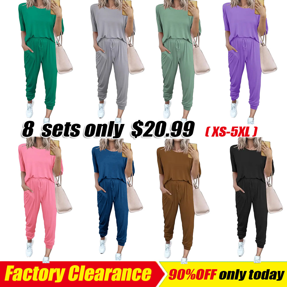 Women's 2-Piece Set Summer Outfits XS-5XL Crew Neck Short Sleeve Tracksuit Jogger Set With Drawstring and Pockets Comfy Lounge Wear
