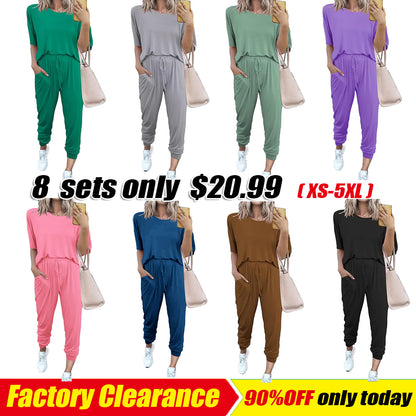 Women's 2-Piece Set Summer Outfits XS-5XL Crew Neck Short Sleeve Tracksuit Jogger Set With Drawstring and Pockets Comfy Lounge Wear