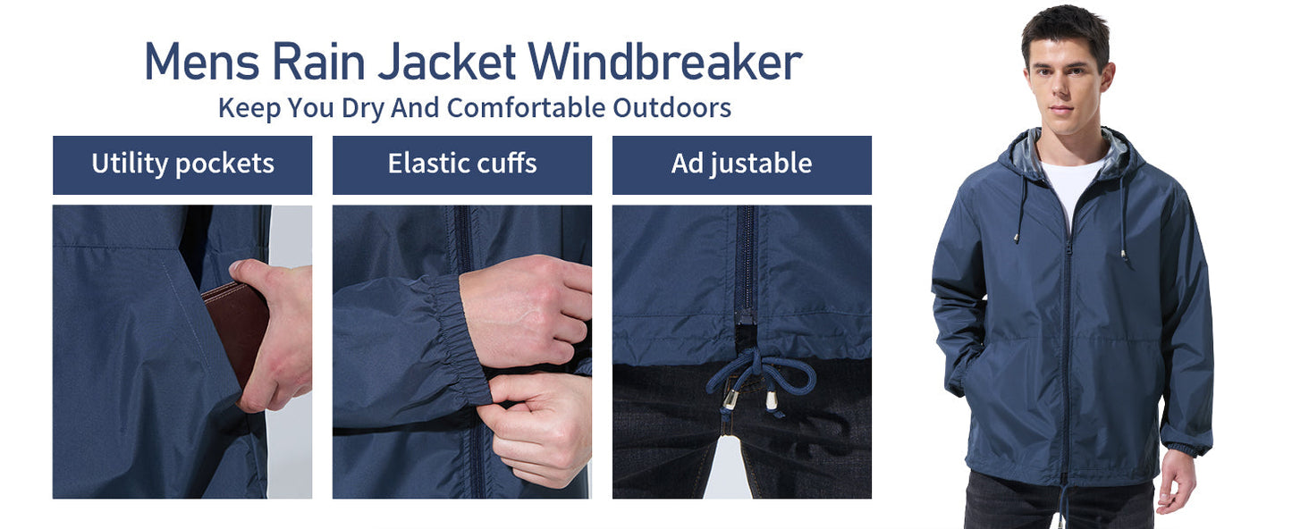 Men Waterproof Raincoat Windbreaker Lightweight Packable Rain Jacket