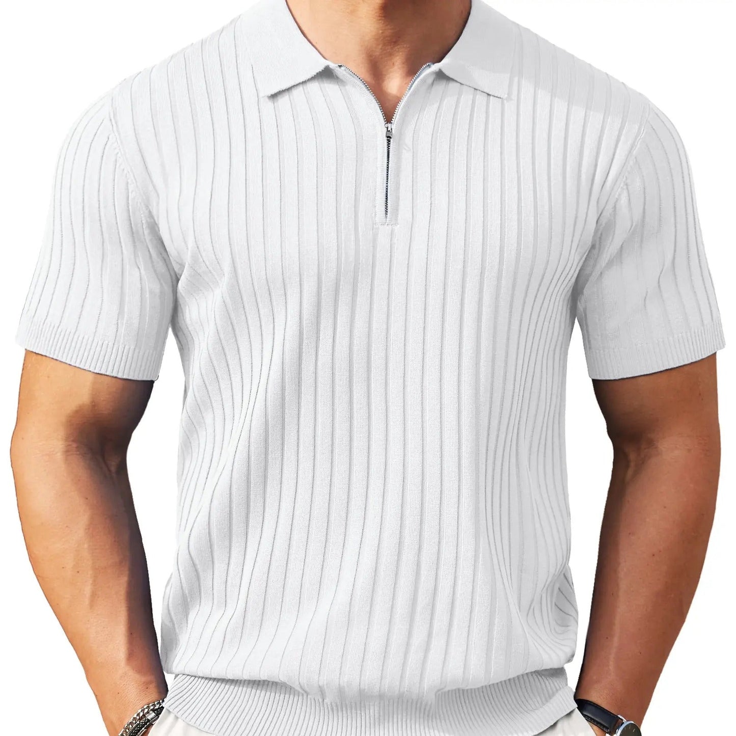 🔥Men's Ribbed Knit Zipper Polo Shirt – Short Sleeve Casual Golf Shirt