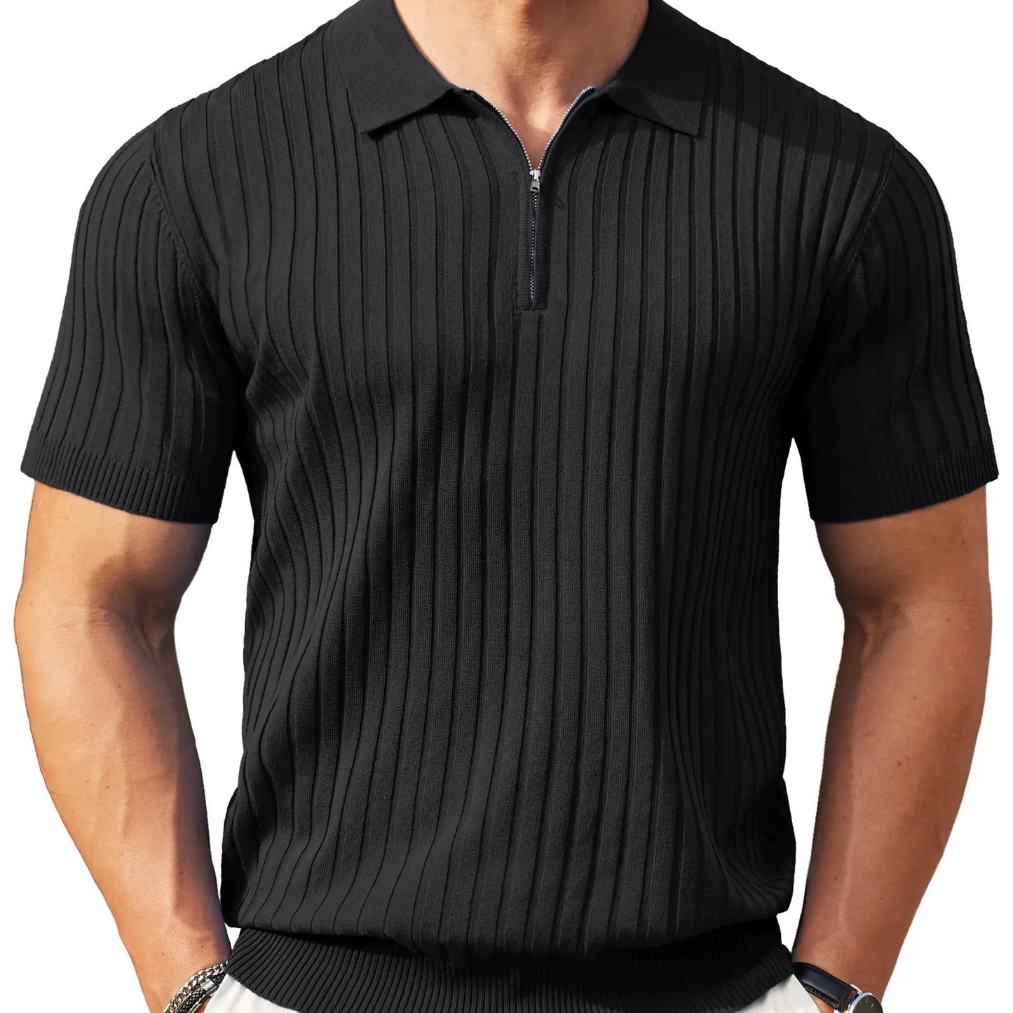 🔥Men's Ribbed Knit Zipper Polo Shirt – Short Sleeve Casual Golf Shirt