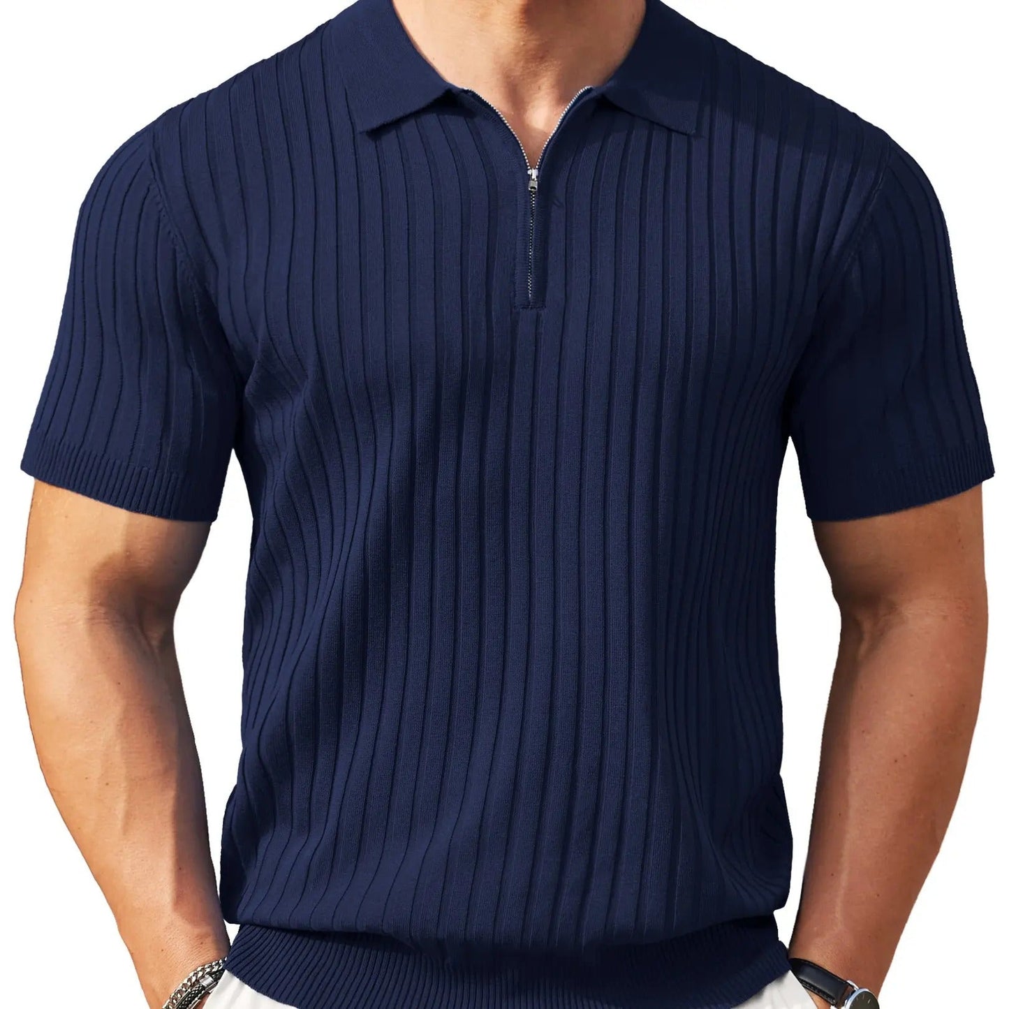 🔥Men's Ribbed Knit Zipper Polo Shirt – Short Sleeve Casual Golf Shirt