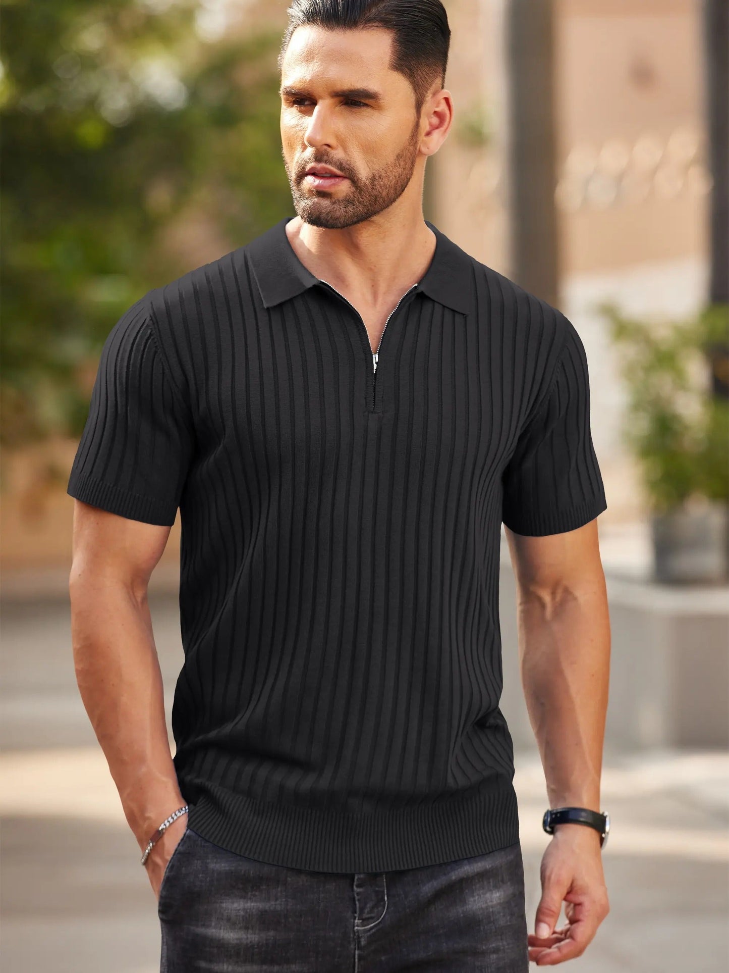 🔥Men's Ribbed Knit Zipper Polo Shirt – Short Sleeve Casual Golf Shirt