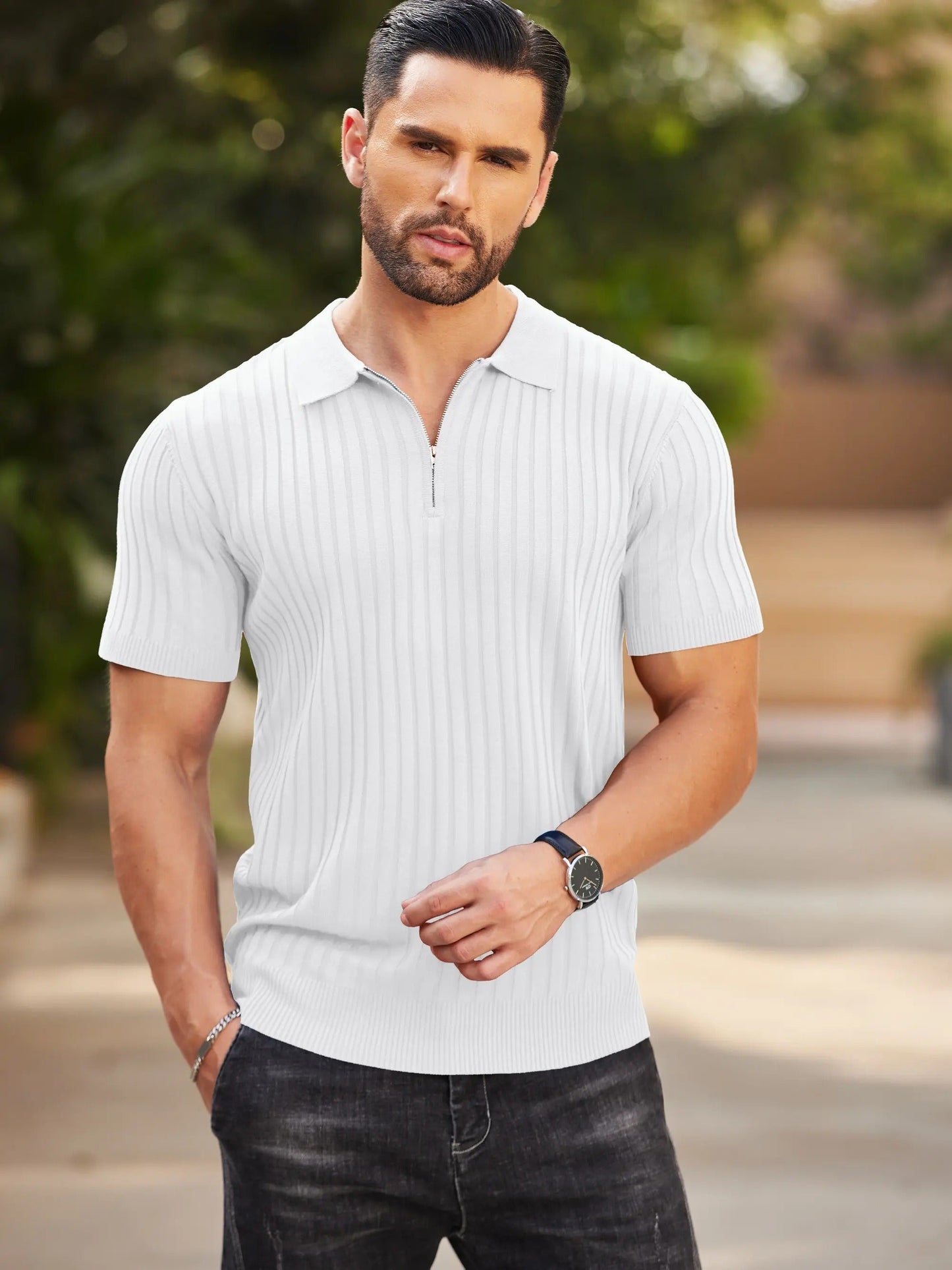🔥Men's Ribbed Knit Zipper Polo Shirt – Short Sleeve Casual Golf Shirt