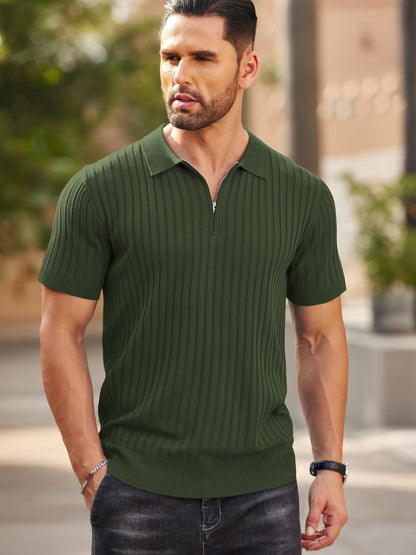 🔥Men's Ribbed Knit Zipper Polo Shirt – Short Sleeve Casual Golf Shirt