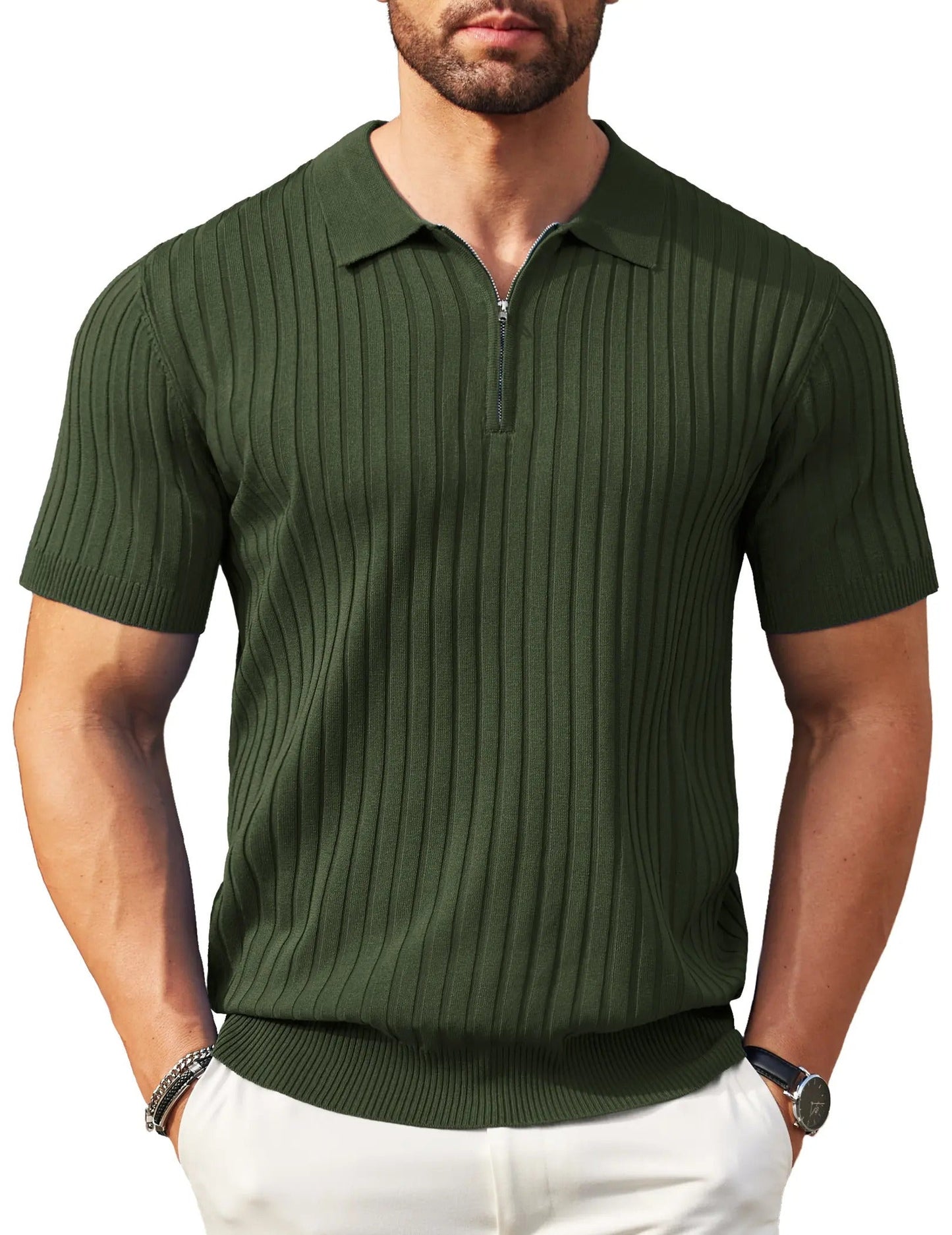 🔥Men's Ribbed Knit Zipper Polo Shirt – Short Sleeve Casual Golf Shirt