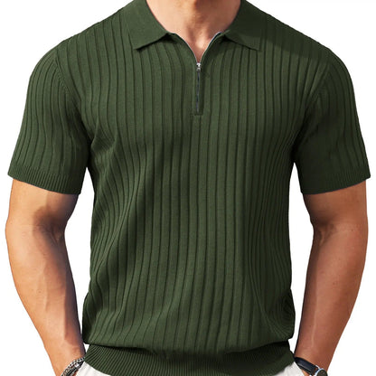 🔥Men's Ribbed Knit Zipper Polo Shirt – Short Sleeve Casual Golf Shirt