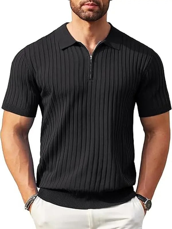 🔥Men's Ribbed Knit Zipper Polo Shirt – Short Sleeve Casual Golf Shirt