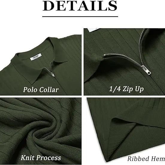 🔥Men's Ribbed Knit Zipper Polo Shirt – Short Sleeve Casual Golf Shirt