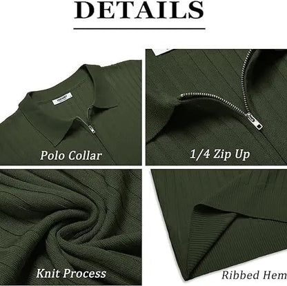 🔥Men's Ribbed Knit Zipper Polo Shirt – Short Sleeve Casual Golf Shirt