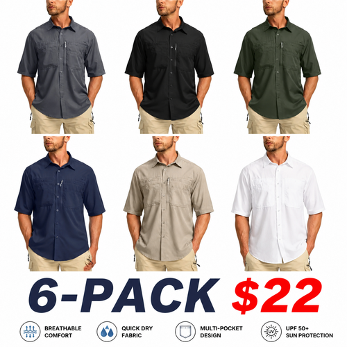 Men's UPF 50+ Outdoor Fishing Shirt - Lightweight Quick Dry Short Sleeve Button Down