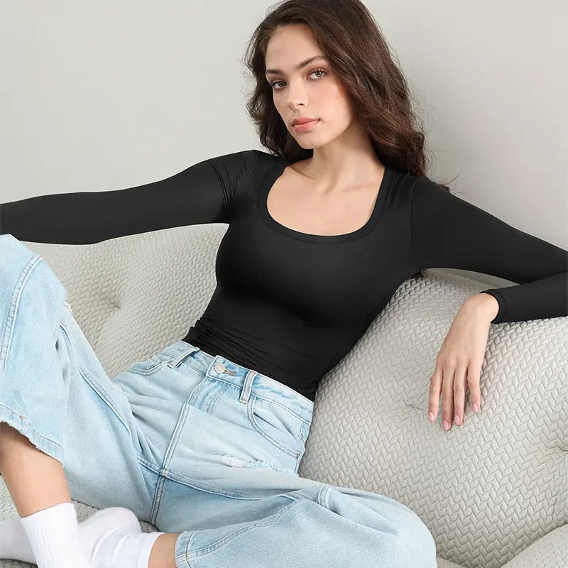 🌸Women’s Minimalist Double Layer Scoop Neck Top – Elegant Slim Fit Long Sleeve Basic Shirt